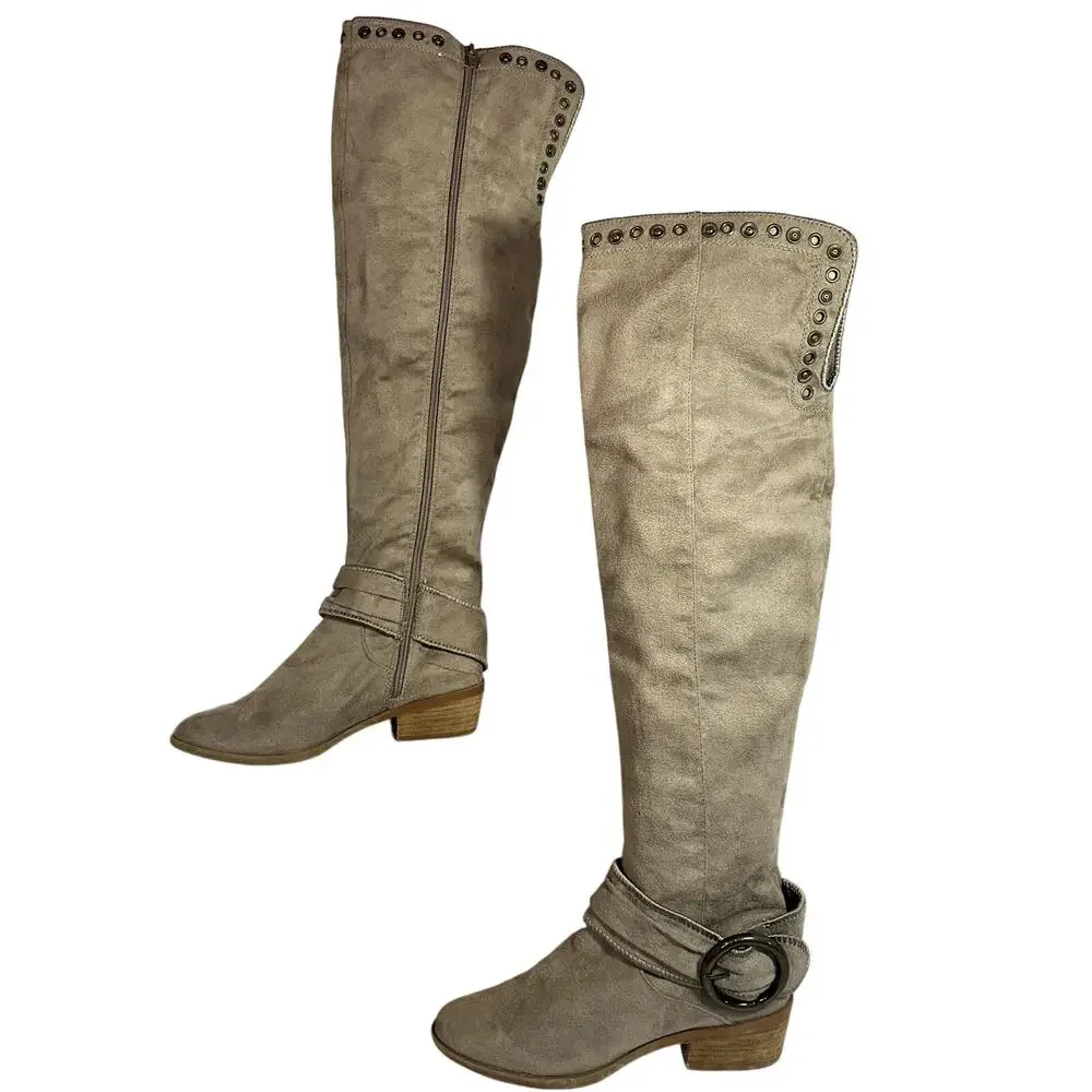 Tall Faux Suede Sock Boots Womens 7 Beige Buckle Strap Studded Grommet Grunge